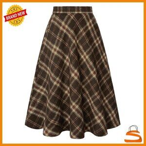 Midi A-Line Skirt with Pockets High Elastic Waist Flannel Work Skirt